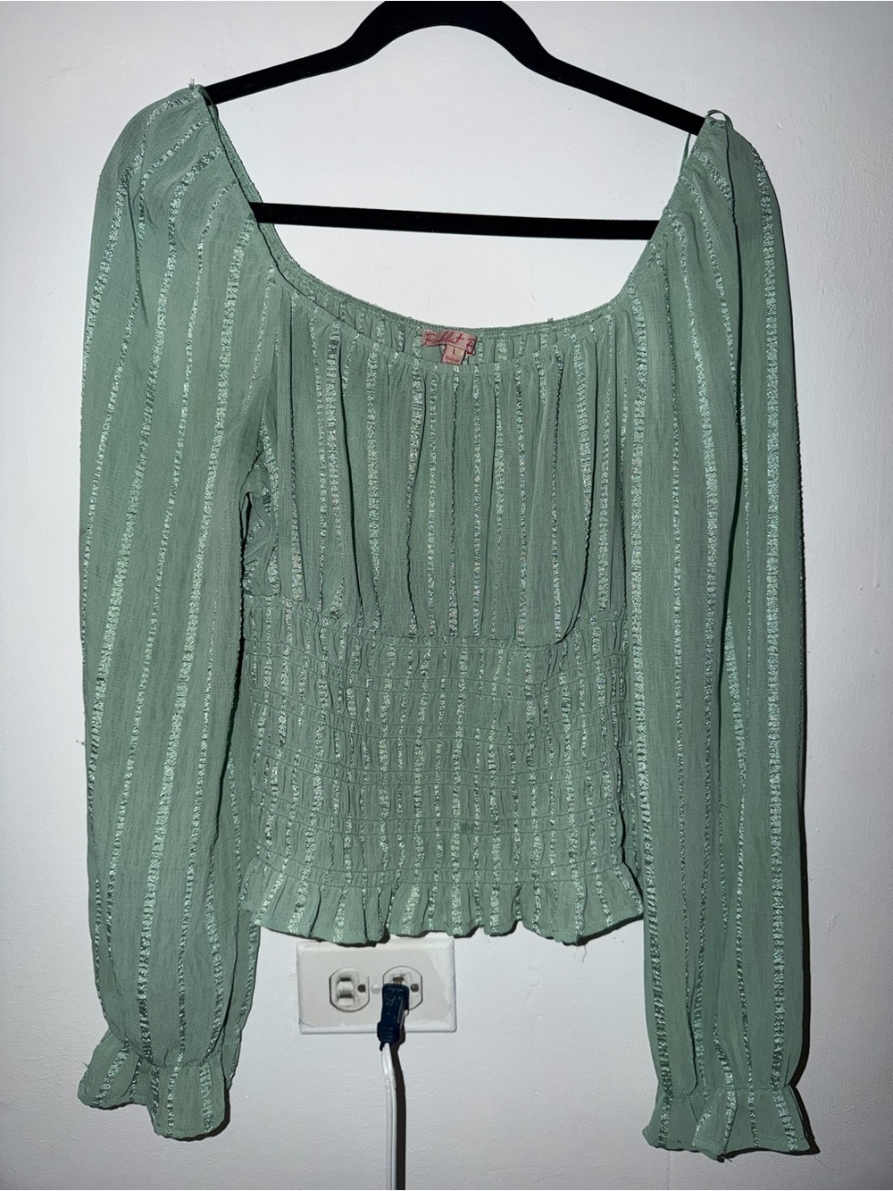 Smocked Sage Green Long Sleeve Peasant Blouse